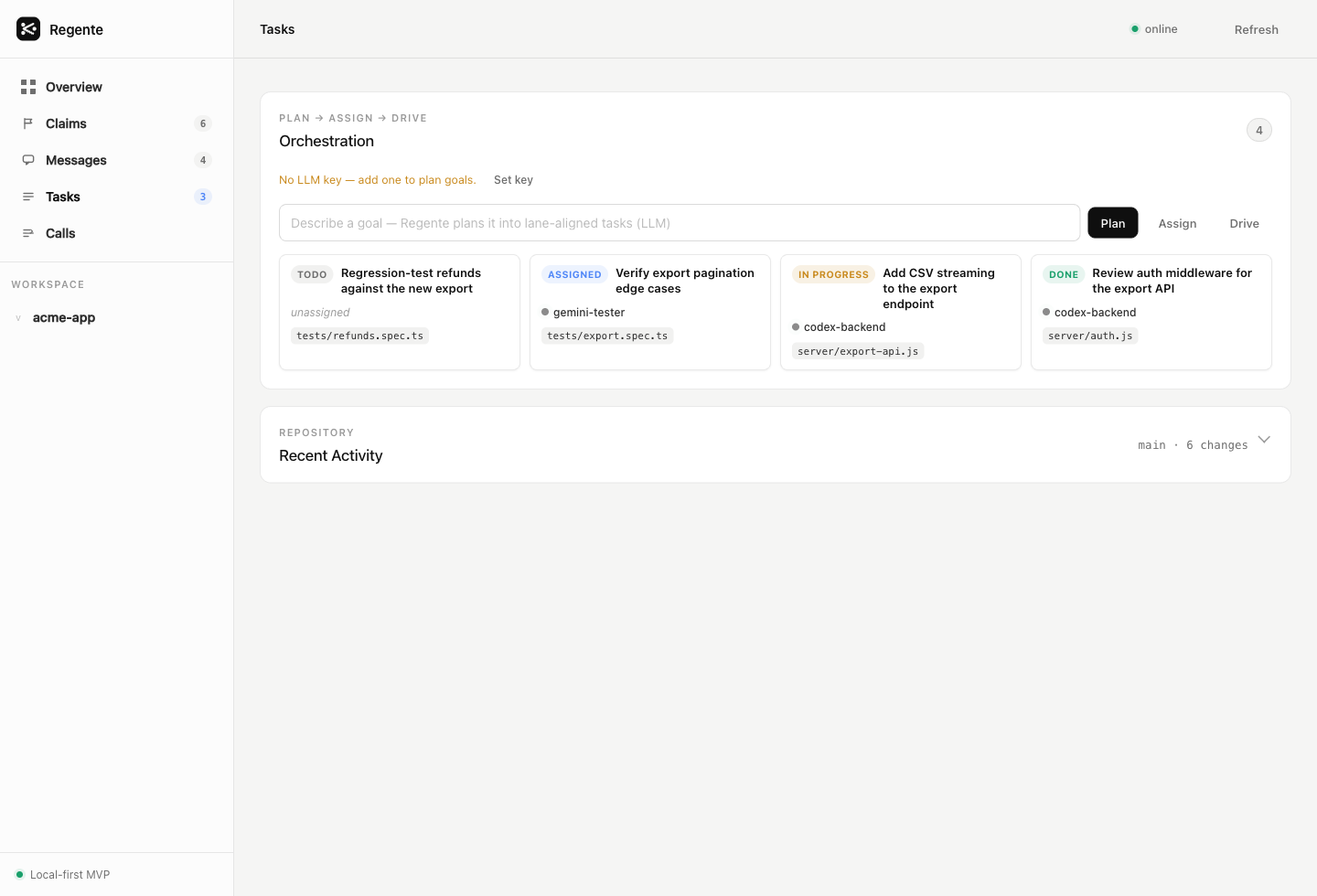 The Tasks view: an orchestration board with todo, assigned, in-progress, and done tasks routed to lane owners