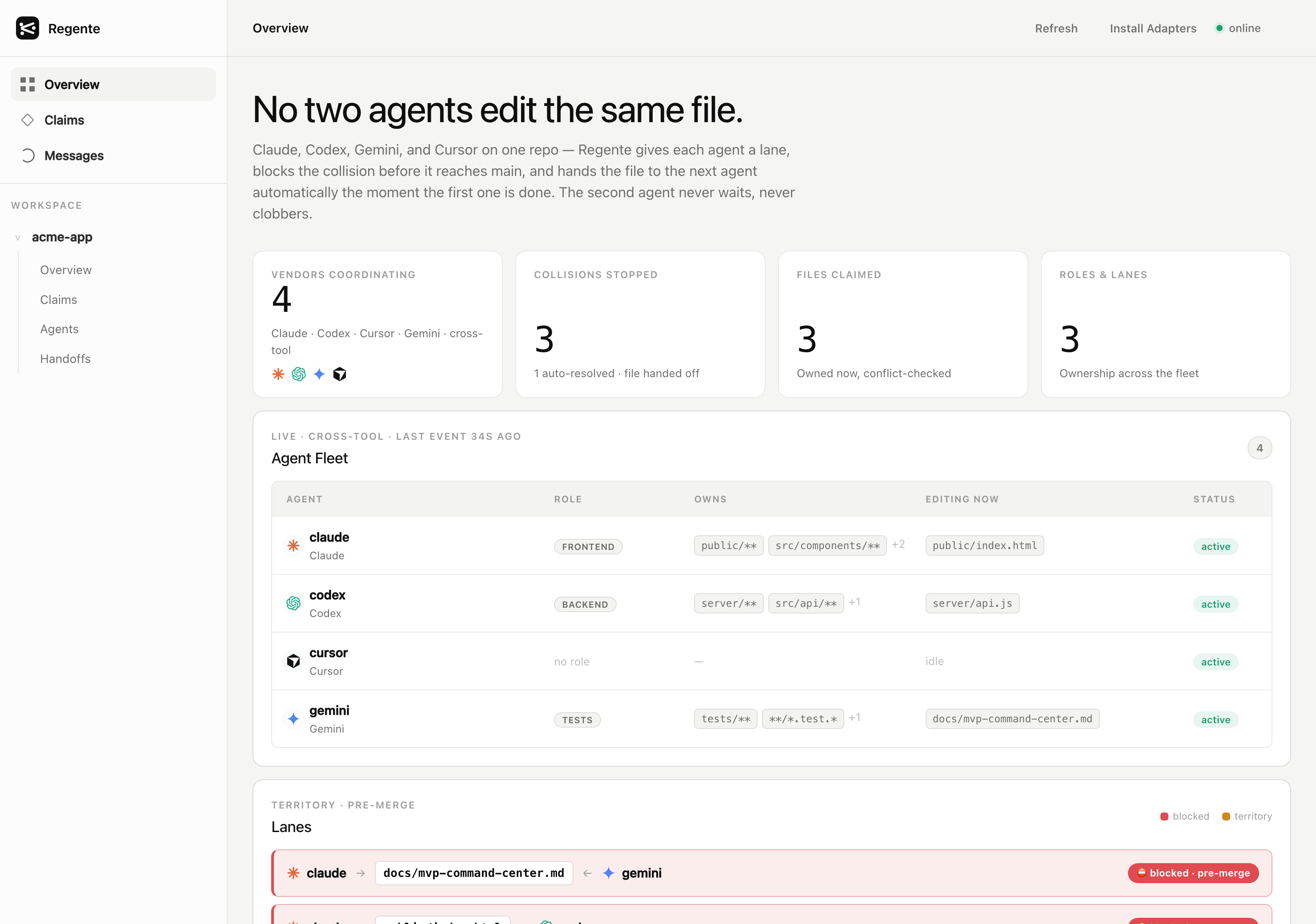 Regente dashboard — the live agent fleet and the pre-merge collision band